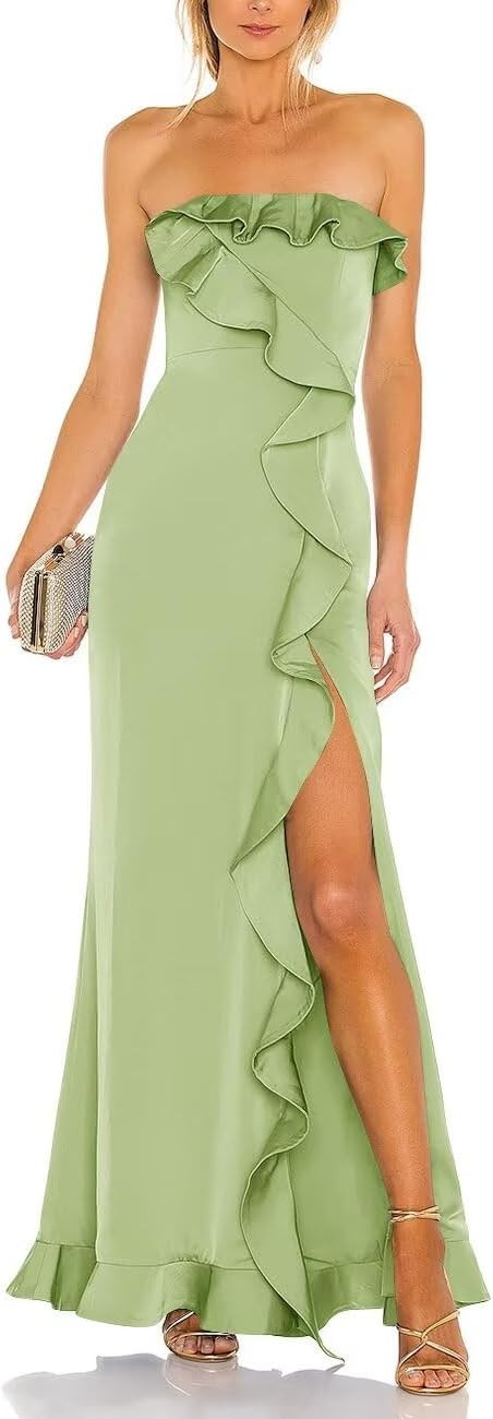 Womens Strapless Ruffles Prom Dresses with Slit Sleevelss Satin Bridesmaid Dresses A Line Formal ... | Amazon (US)