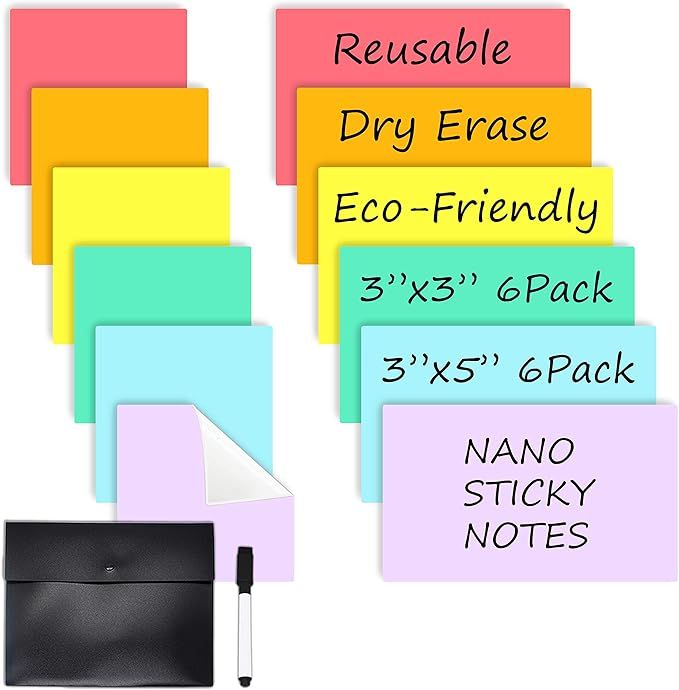 Dry Erase Sticky Notes - Colorful Reusable Whiteboard Stickers - Each Set Includes 3"x3" 6 Pack a... | Amazon (US)