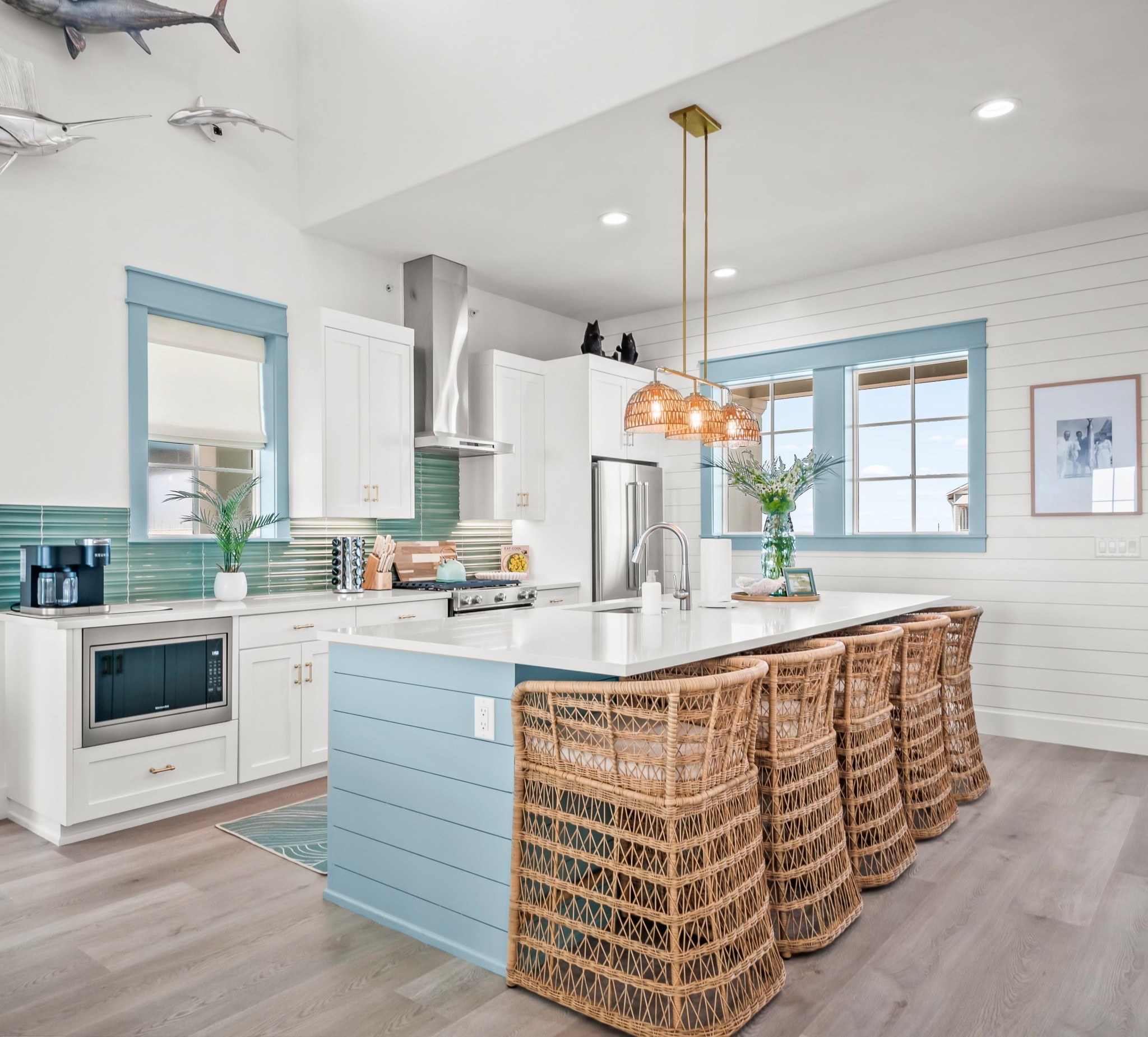 The goal? A kitchen that felt like an extension of the ocean views. Soft, tonal colors. Woven textures. Pieces that invite you to sit down, stay awhile, and listen to the waves. 🌴 With lighting and seating sourced from Wayfair, we brought in approachable style that still speaks to thoughtful design. Coastal living—but with intention. 🌊

#LTKHome #LTKSummerEdit #LTKSeasonal