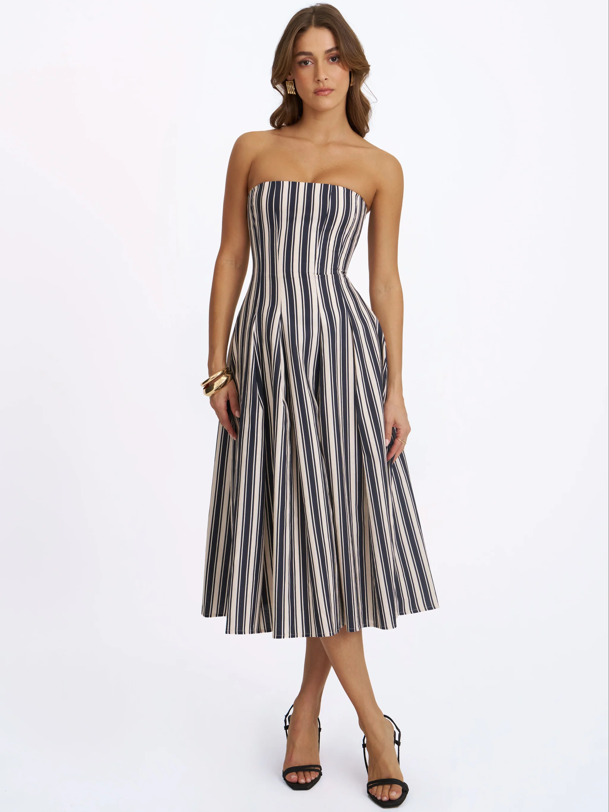 Wyanne Black & White Linen Striped Strapless Midi Dress | Miss Circle