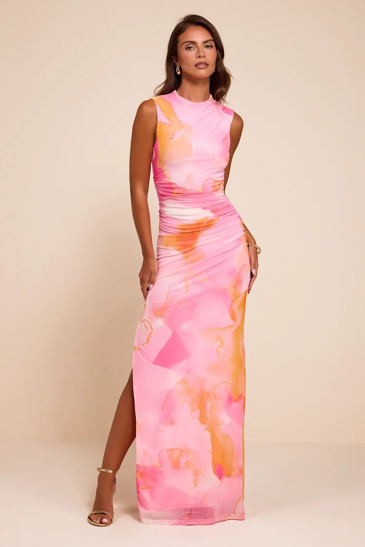 Aldea Light Pink Multi Mesh Mock Neck Maxi Dress | Lulus