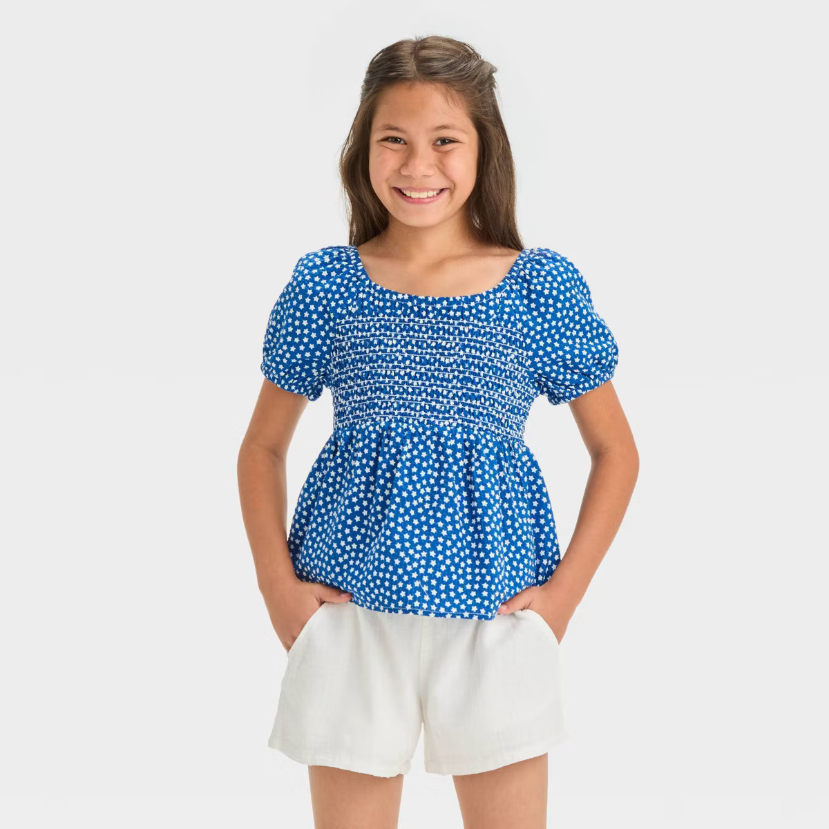Girls' Short Sleeve Stars Woven Top - Cat & Jack™ Blue L Plus | Target