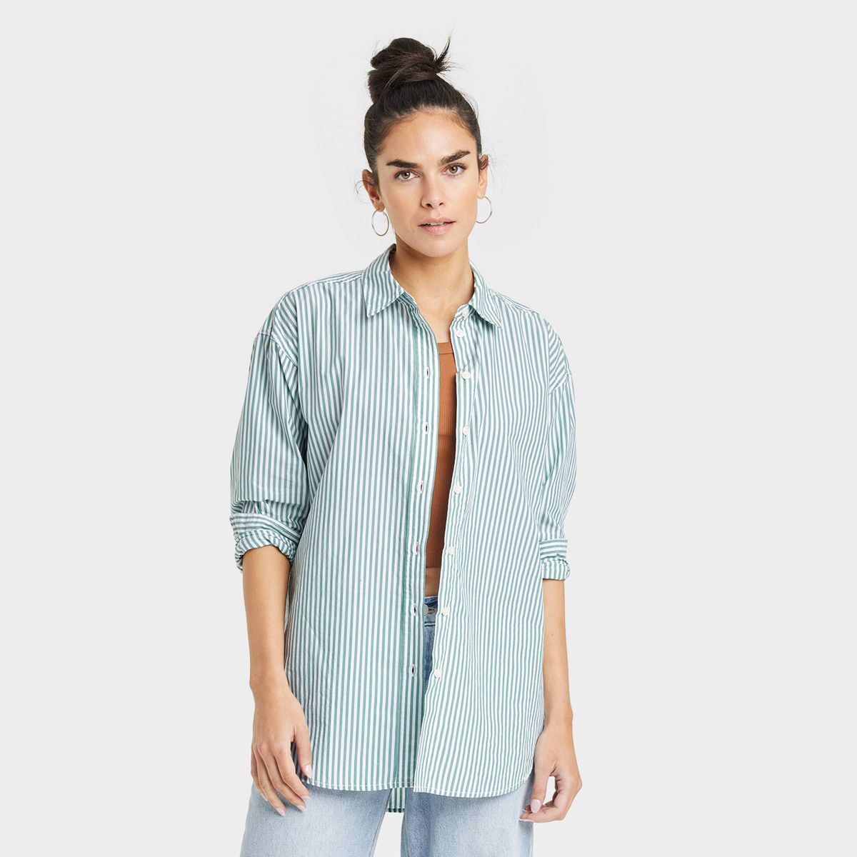 Women's Oversized Long Sleeve Collared Button-Down Shirt - Universal Thread™ Green Striped M | Target