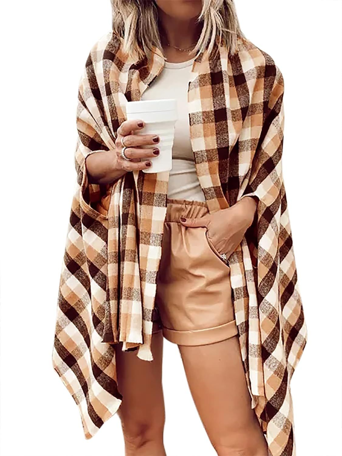 Women’s Plaid Poncho Shawl Wrap Open Front Cardigan Sweater Cape for Fall Winter | Amazon (US)