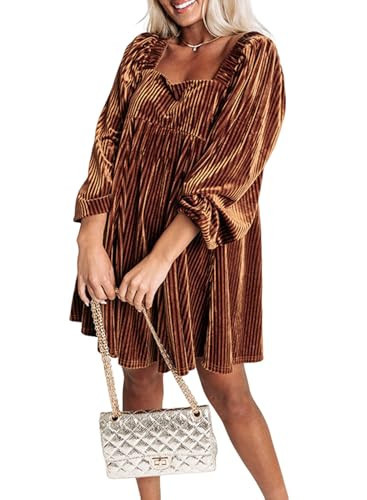 Melliflo Women's Tie Back Square Neck Velvet Babydoll Dresses Puff Long Sleeve Short Mini Dress Solid Velvet Dress Brown | Amazon (US)