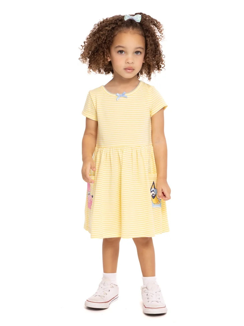 Bluey Toddler Girl Short Sleeve Striped Dress with Graphic Pockets, Sizes 12M-5T | Walmart (US)