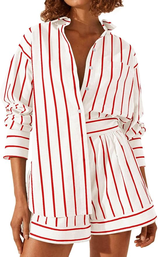 Tankaneo Womens 2 Piece Outfits Striped Long Sleeve Button Down Collared Shirt Matching Shorts Se... | Amazon (US)