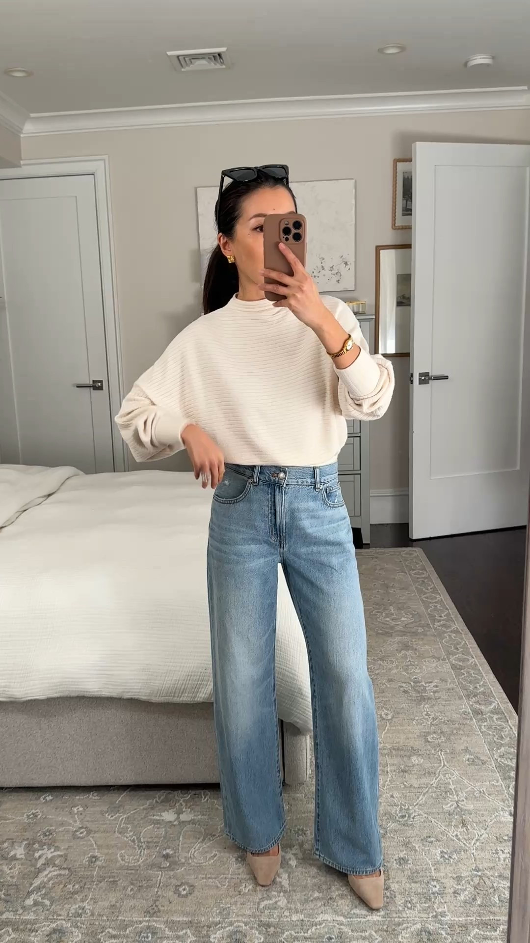 old favorite style of jeans, updated in an amazing soft and lightweight denim fabric 

• Madewell Perfect Vintage Wide-Leg Jean in Airy Denim 24 petite, 
effortlessly relaxed fit that drapes 

• Soft mock neck Dolman Top xxs, 
I’ve had this for a while and I wash it machine cold inside out in a mesh bag and air dry just like my sweaters to minimize pilling 

• old Ann Taylor kitten heels, linked similar

• BP sunglassess

Petite friendly fit, casual mom outfit, mockneck sweater

#LTKootd #LTKPetite #LTKmomlife