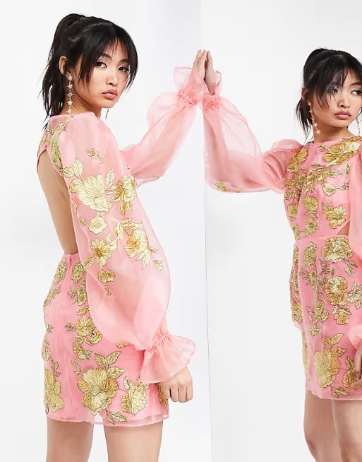 ASOS EDITION embroidered organza mini dress with puff sleeves in pink | ASOS (Global)