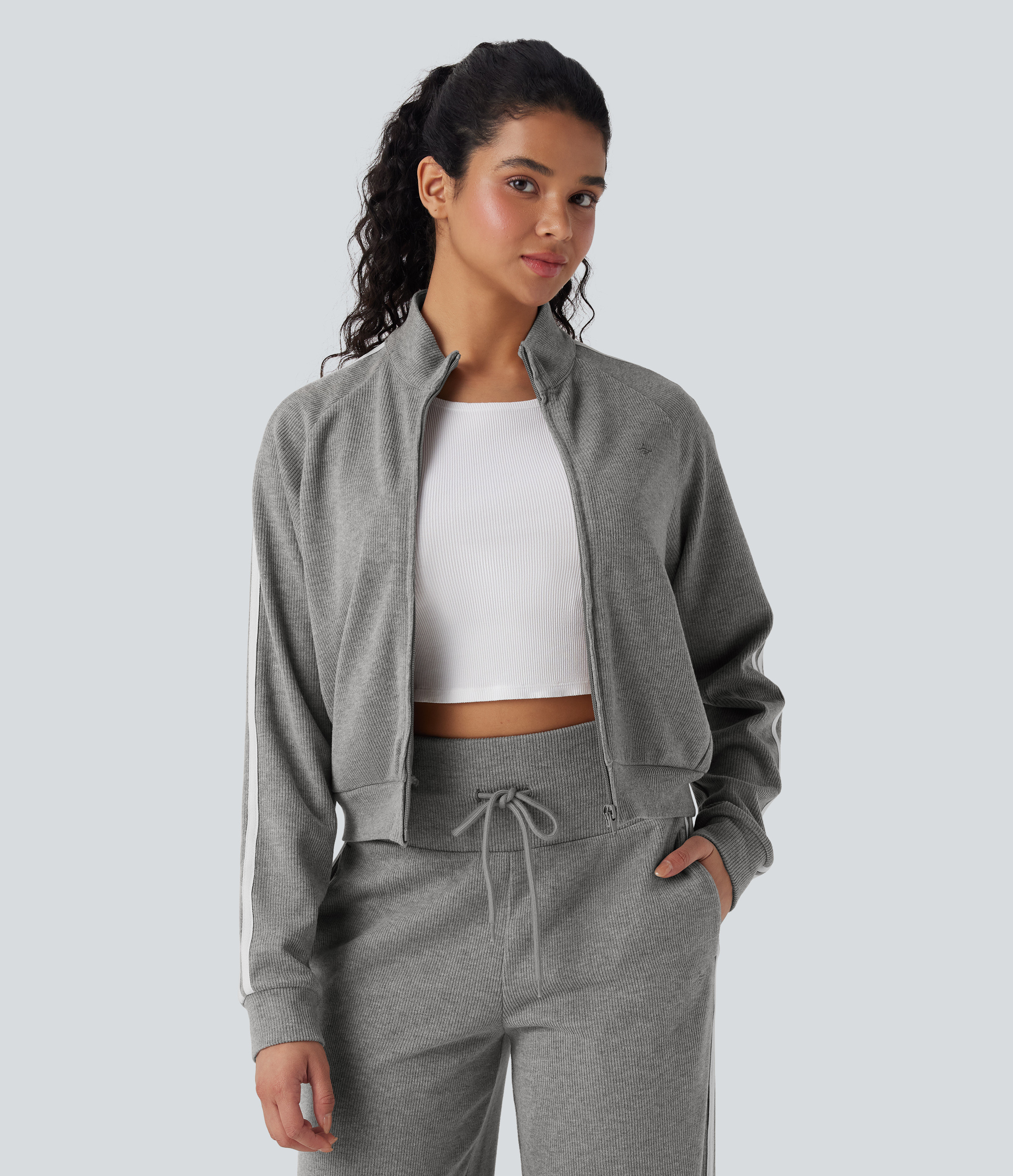 Halara Ribbed Stand Collar Long Sleeve Zipper Color Block Casual Jacket with Pockets - Pebble Grey - L | HALARA