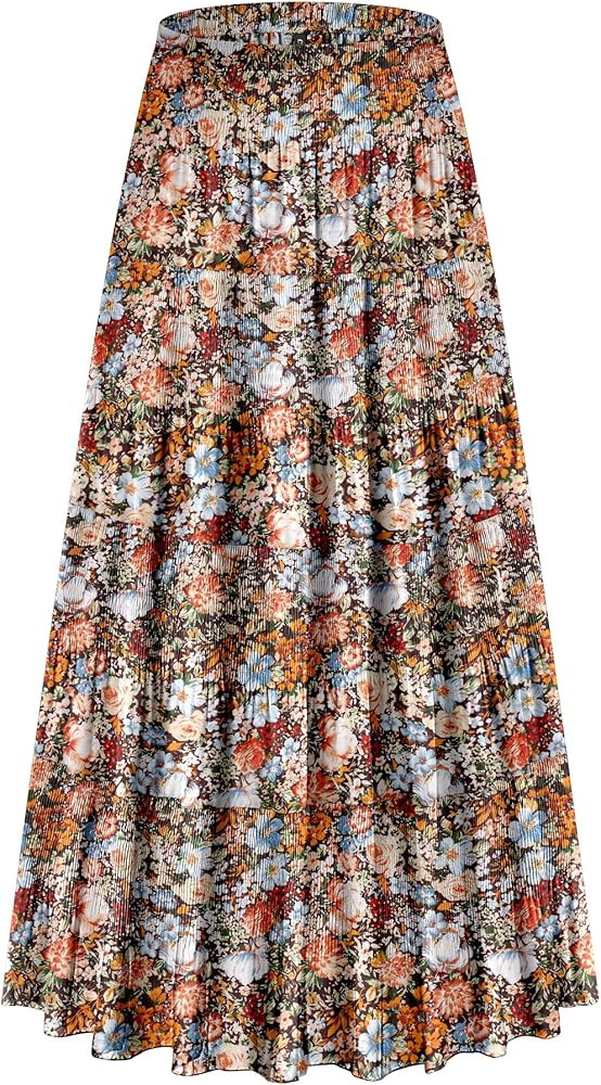 Women's Chiffon Elastic High Waist Tiered Pleated Floral Printed A-Line Boho Long Maxi Skirts | Amazon (US)