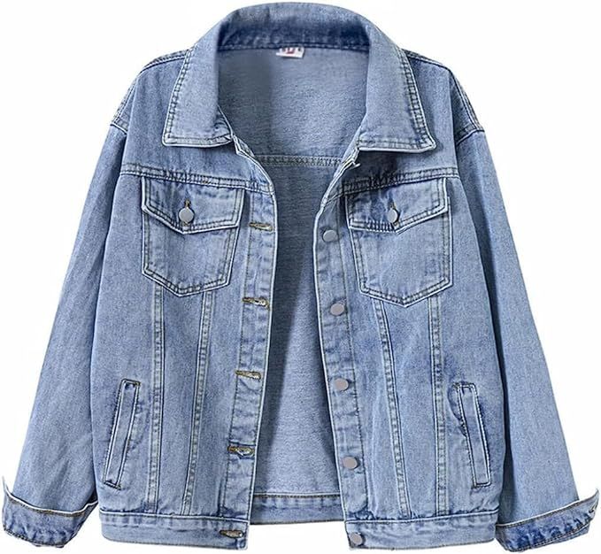 loveimgs Women's Classic Collared Button Down Distressed Oversize Boyfriend Unlined Denim Trucker... | Amazon (US)