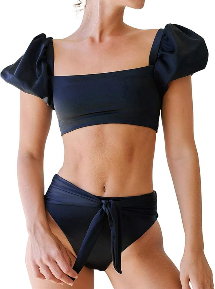 ZAFUAZ Women's High Waisted Bandeau Bikini Set,Fashion Puff Sleeve Swimwear Set Sexy Bathing Suit... | Amazon (US)