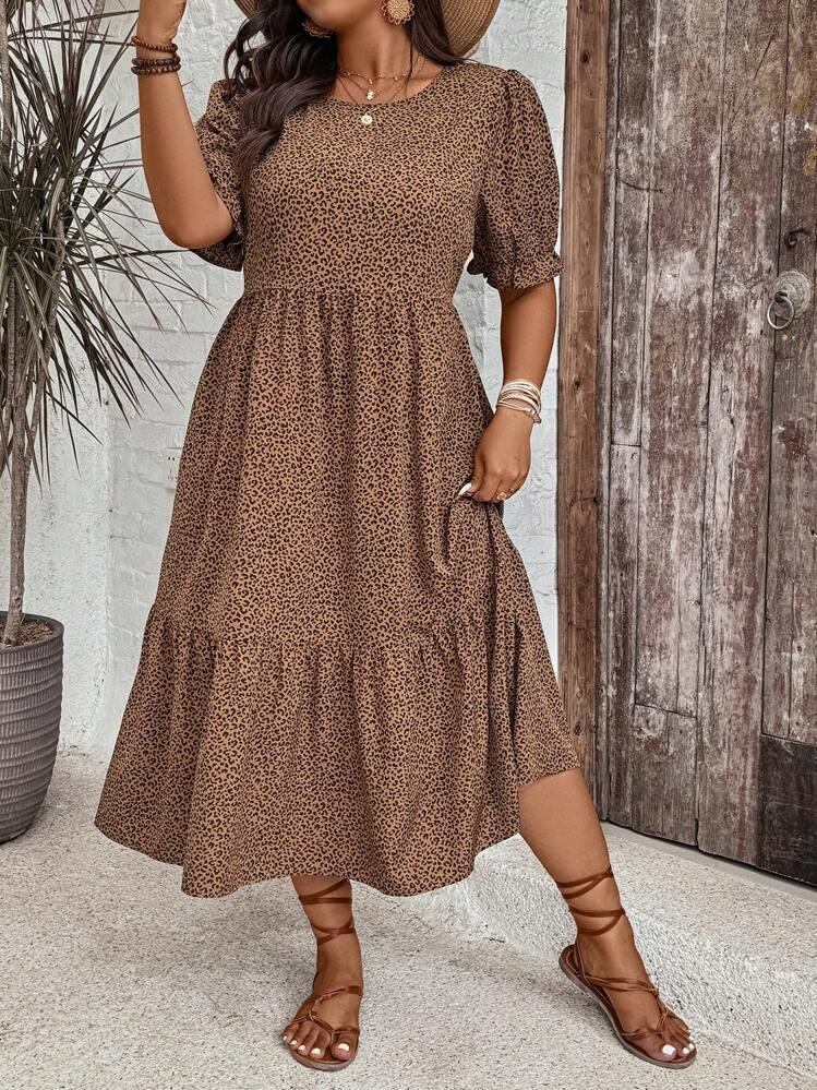 SHEIN VCAY Plus Size Women's Leopard Print Round Neck Short Sleeve Layered Patchwork Maxi Dress, ... | SHEIN