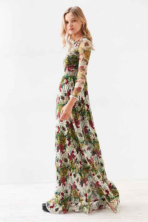 Ecote Floral Fishnet Long-Sleeve Maxi Dress,MULTI,XS | Urban Outfitters US