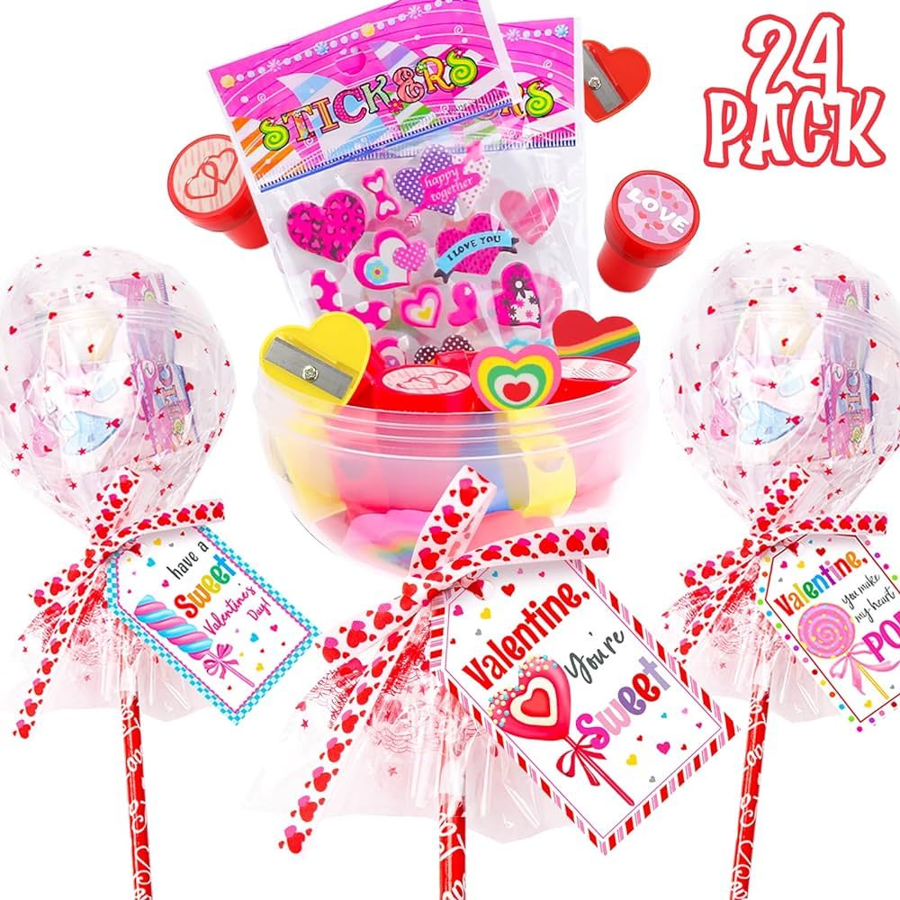 Valentines Day Gifts for Kids - 24 Pack Giant Lollipop-Shaped Stationery Set with Valentine's Car... | Amazon (US)