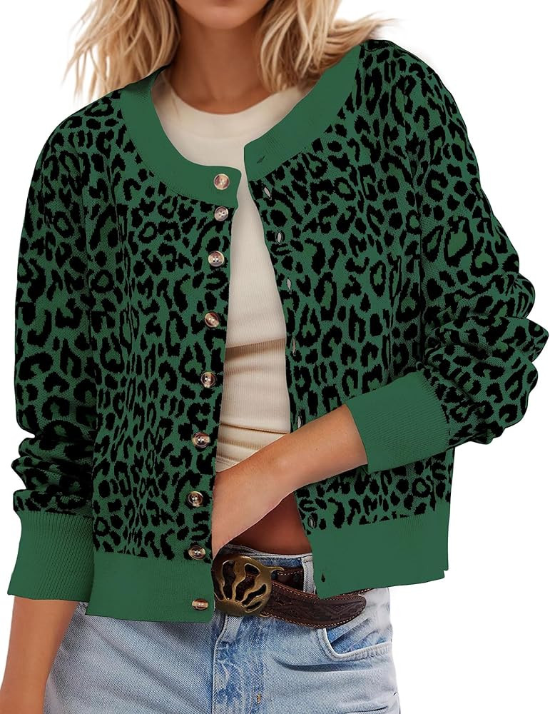 Leopard Cardigan Open Front Button Up Sweaters for Women Long Sleeve Shrug Cheetah Print Top Crop... | Amazon (US)