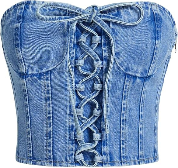 WDIRARA Women's Lace Up Front Crop Denim Top Strapless Sleeveless Crop Tube Tops | Amazon (US)