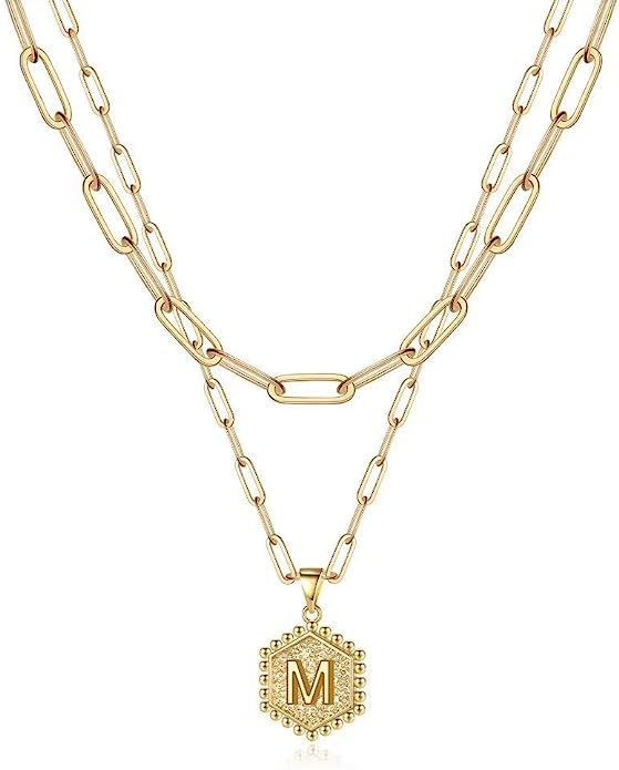 M MOOHAM Dainty Layered Initial Necklaces for Women, 14K Gold Plated Paperclip Chain Necklace Sim... | Amazon (US)