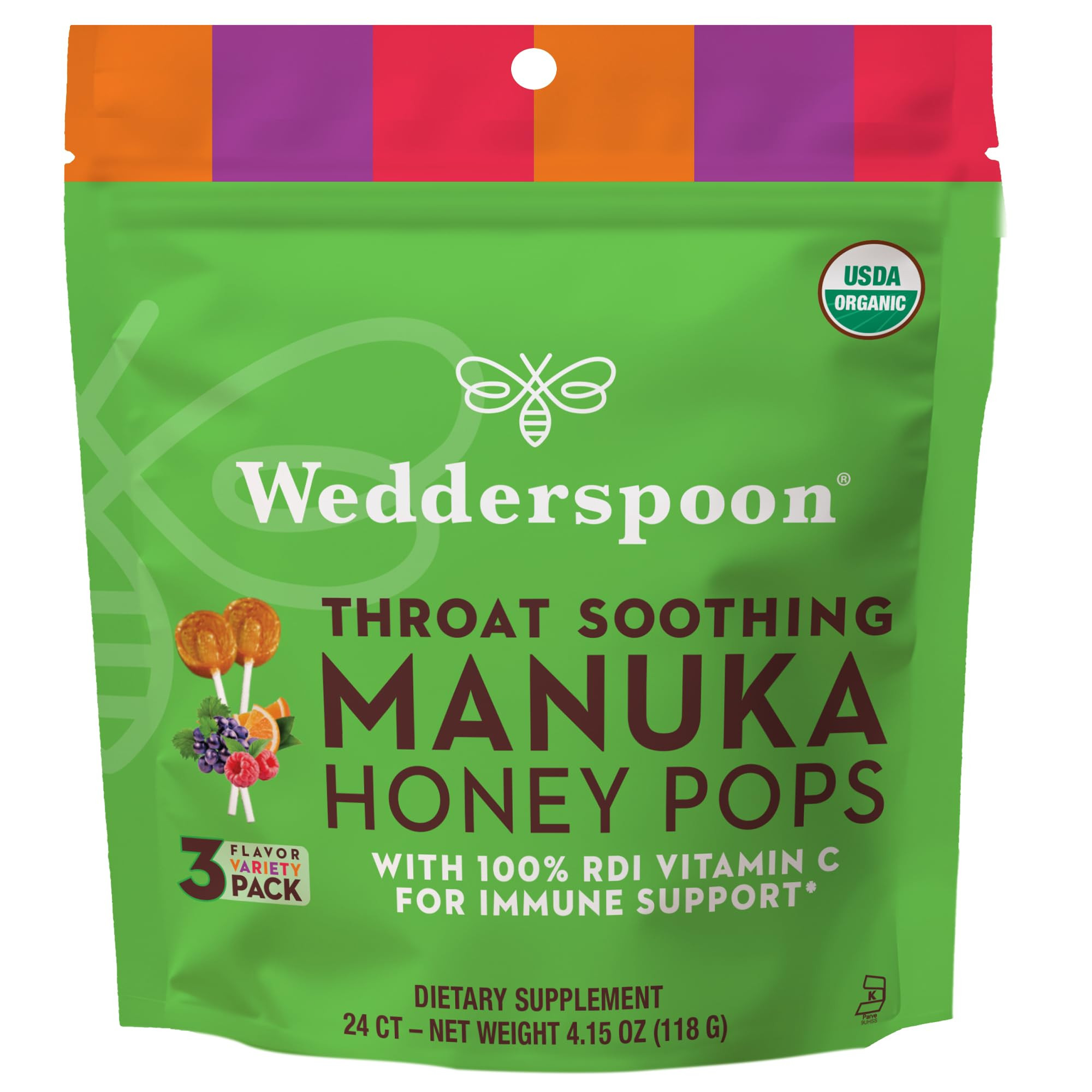 Wedderspoon Organic Manuka Honey Vitamin C Lollipops Variety Pack, 24 Count - No Artificial Flavo... | Amazon (US)