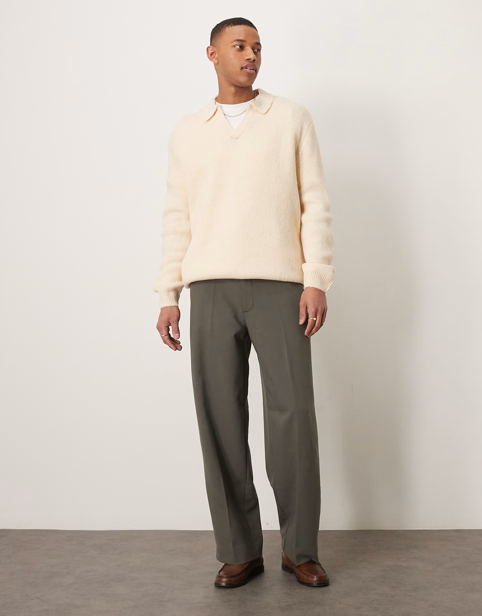 ASOS DESIGN oversized brushed knitted notch polo in oatmeal | ASOS (Global)