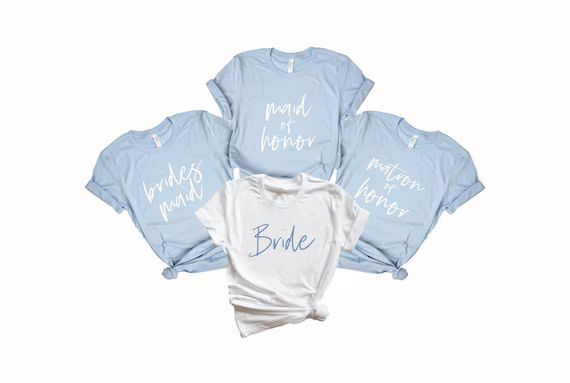 Bridesmaid and Bride Shirts, sky blue bridesmaid shirts, bridesmaid proposal t-shirt, maid of hon... | Etsy (US)