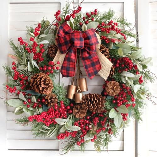 22" Green lamb's Leaves Wreaths for Front Door Winter Spring Wreath with Pine Cones Shells Satin Bow Bells,Artificial Wreath for Indoor Outdoor Farmhouse Home Porch Wall Window Festival Wedding Decor | Amazon (US)