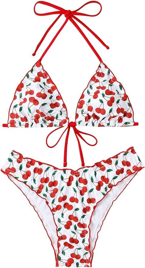 Floerns Women's 2 Piece Bathing Suit Lace Up Back Halter Triangle Bikini Swimsuit | Amazon (US)