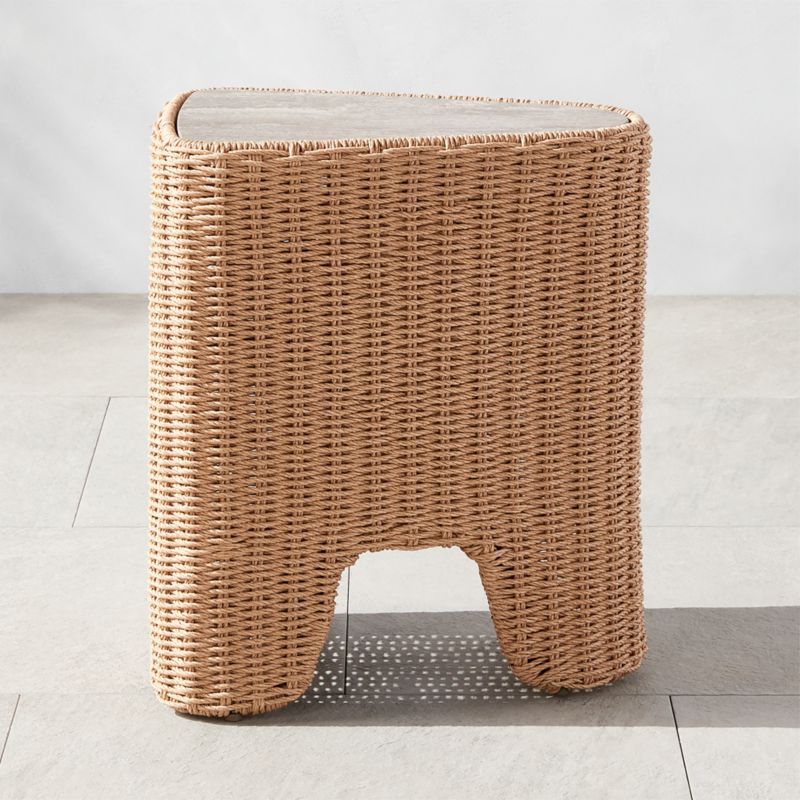 Remo Modern Travertine and Rattan Outdoor Side Table | CB2 | CB2