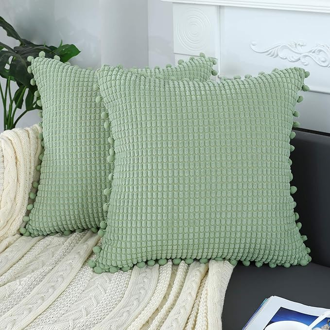 sykting Sage Green Throw Pillow Covers 20x20 Soft Modern Farmhouse Throw Pillow Cases with Pom Po... | Amazon (US)
