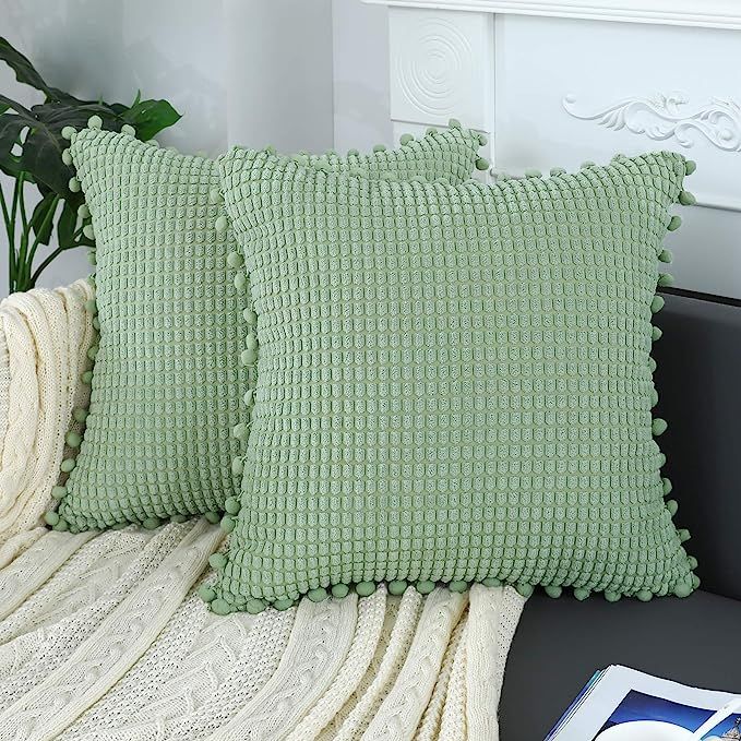 sykting Sage Green Throw Pillow Covers 20x20 Soft Modern Farmhouse Throw Pillow Cases with Pom Po... | Amazon (US)