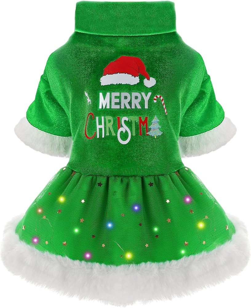 Sebaoyu Dog Christmas Dress, Dog Christmas Sweater Dress Female, LED Light Winter Dog Sweater for... | Amazon (US)