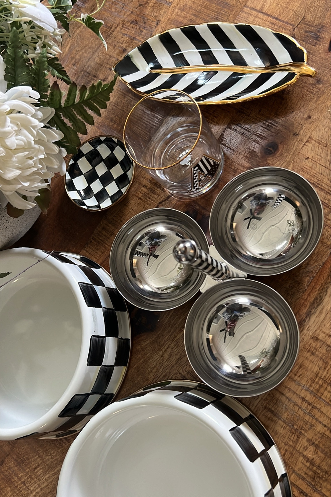 Few new things from the Mackenzie Childs sale! Feather dish, dipping/relish dish, icon cup, large pet dishes and supper club trio all in my fave courtly check! 