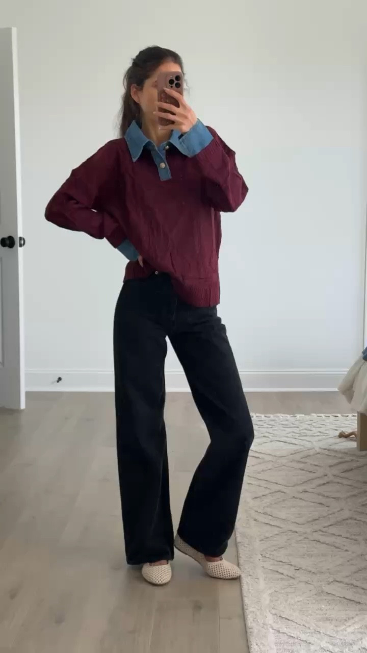 Layered outfit inspiration with a sweater over a denim collared shirt and black wide leg jeans. Casual fall outfit, winter layering ideas, neutral everyday outfit, classic style staples, relaxed fit sweater, wide leg denim, easy mom outfit, simple capsule wardrobe, timeless casual fashion.

#LTKHome #LTKFindsUnder50 #LTKWorkwear