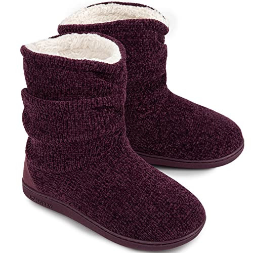 LongBay Women's Chenille Knit Bootie Slippers Cute Plush Fleece Memory Foam House Shoes (Medium / 7-8 B(M), Purple) | Amazon (US)