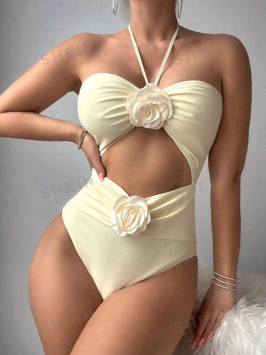 Solid Color Halter Neck Rose Decoration One-Piece Swimsuit With Thin Straps Wedding | SHEIN