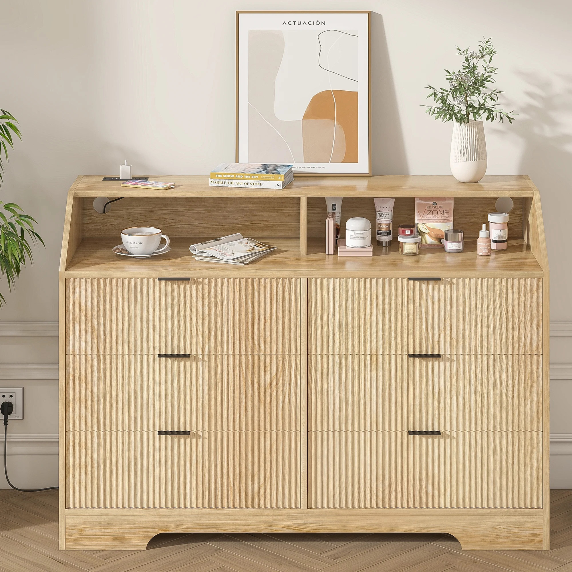 6 Drawer Dresser with Charging Station, Fluted Wide Wood Drawers Dresser with Power Outlet, Moder... | Walmart (US)
