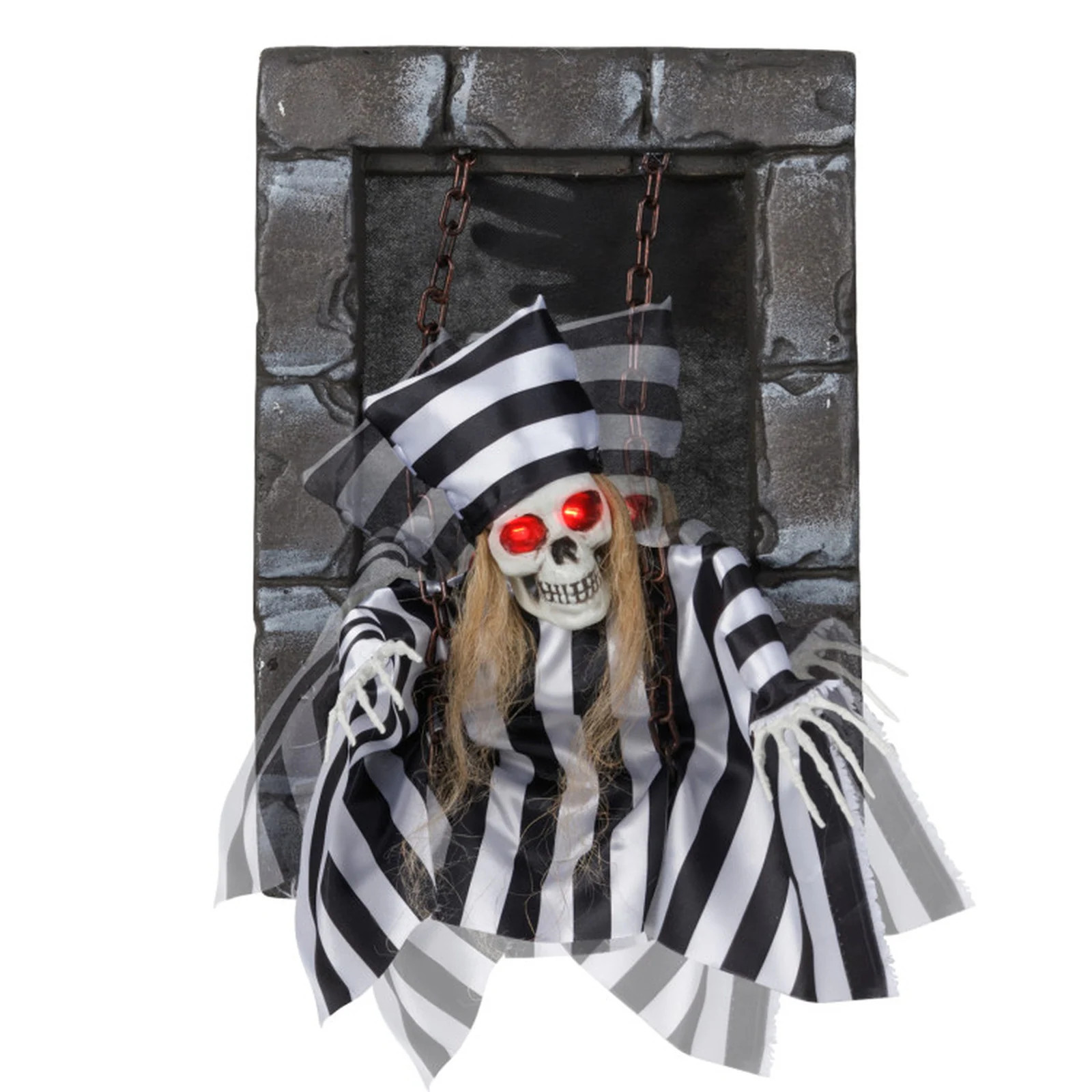 SUGIFT 18-in Animated Halloween Decoration Hanging Skull Prisoner with Sound Activated LED Eyes Spooky Sounds for Indoor Outdoor Halloween Party Prop | Lowe's