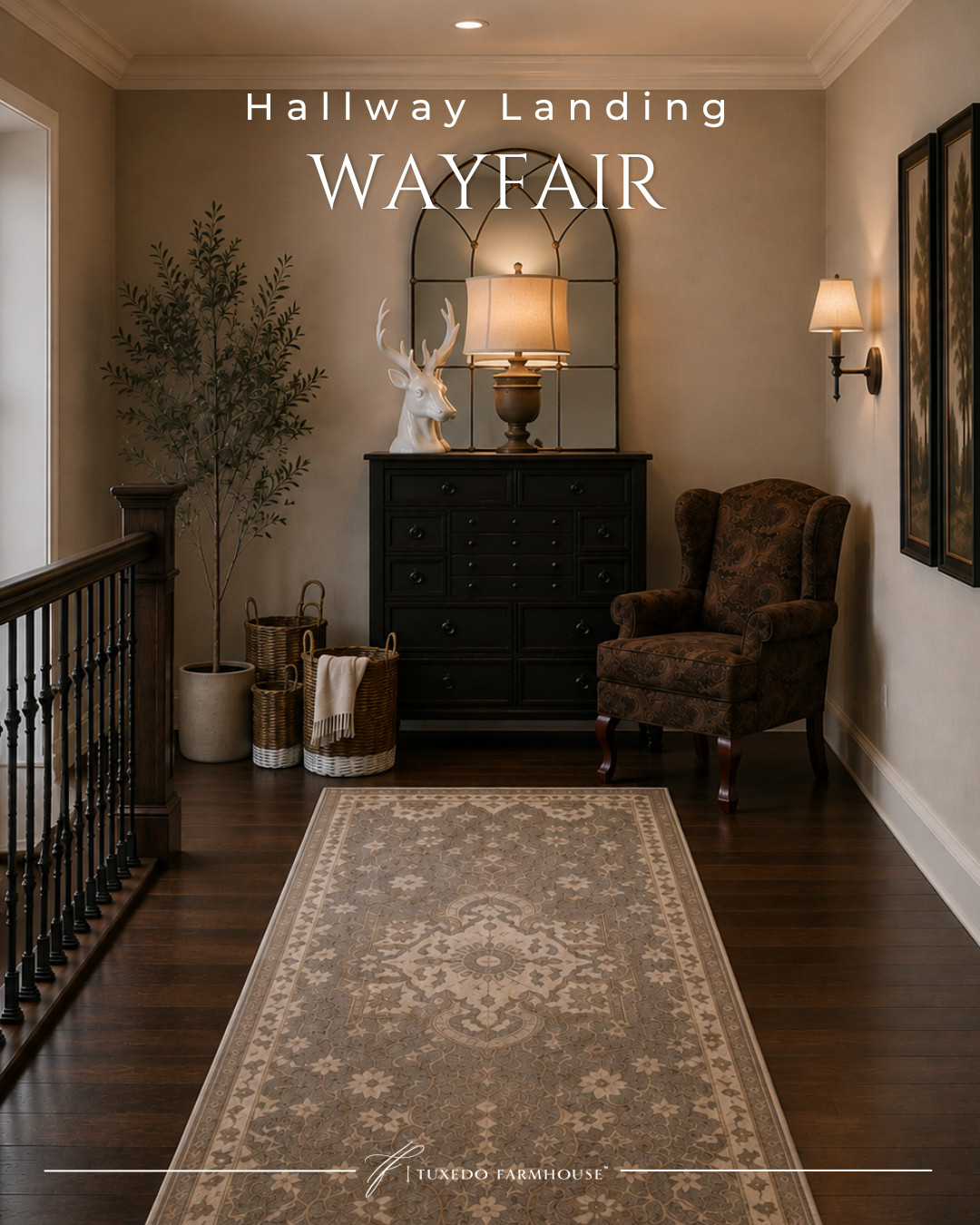 This hallway landing came together with such a warm, collected feel. The rich wood tones, vintage-inspired rug, classic paisley chair and layered accessories make it feel cozy for fall while still being timeless enough to enjoy year-round. 🍂🤎

#LTKHome #LTKStyleTip #LTKSeasonal #WayfairFinds #FallHomeDecor #HallwayDecor #TraditionalHome #CozyHomeStyle 

 #LTKSeasonal #LTKHome #LTKSaleAlert