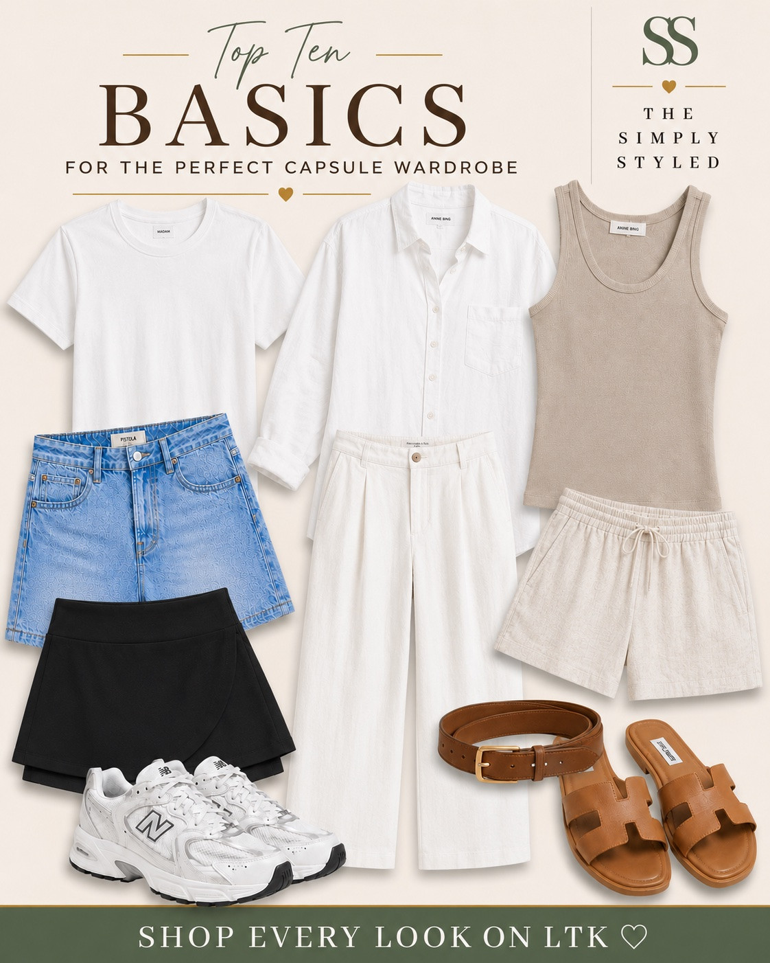 The 10 pieces that make getting dressed effortless all summer long 🤍 

Think white tees, linen trousers, denim shorts, black skorts, button-down shirts, neutral sandals, everyday sneakers, capsule wardrobe essentials, elevated basics, minimalist style, versatile outfits, and timeless summer fashion. 

Shop all of my favorite wardrobe staples in one place.