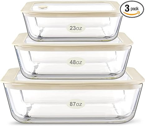 Glass Food Container Set with Glass Lid, Large Size 3 Pack, Glass Food Storage Containers with Si... | Amazon (US)