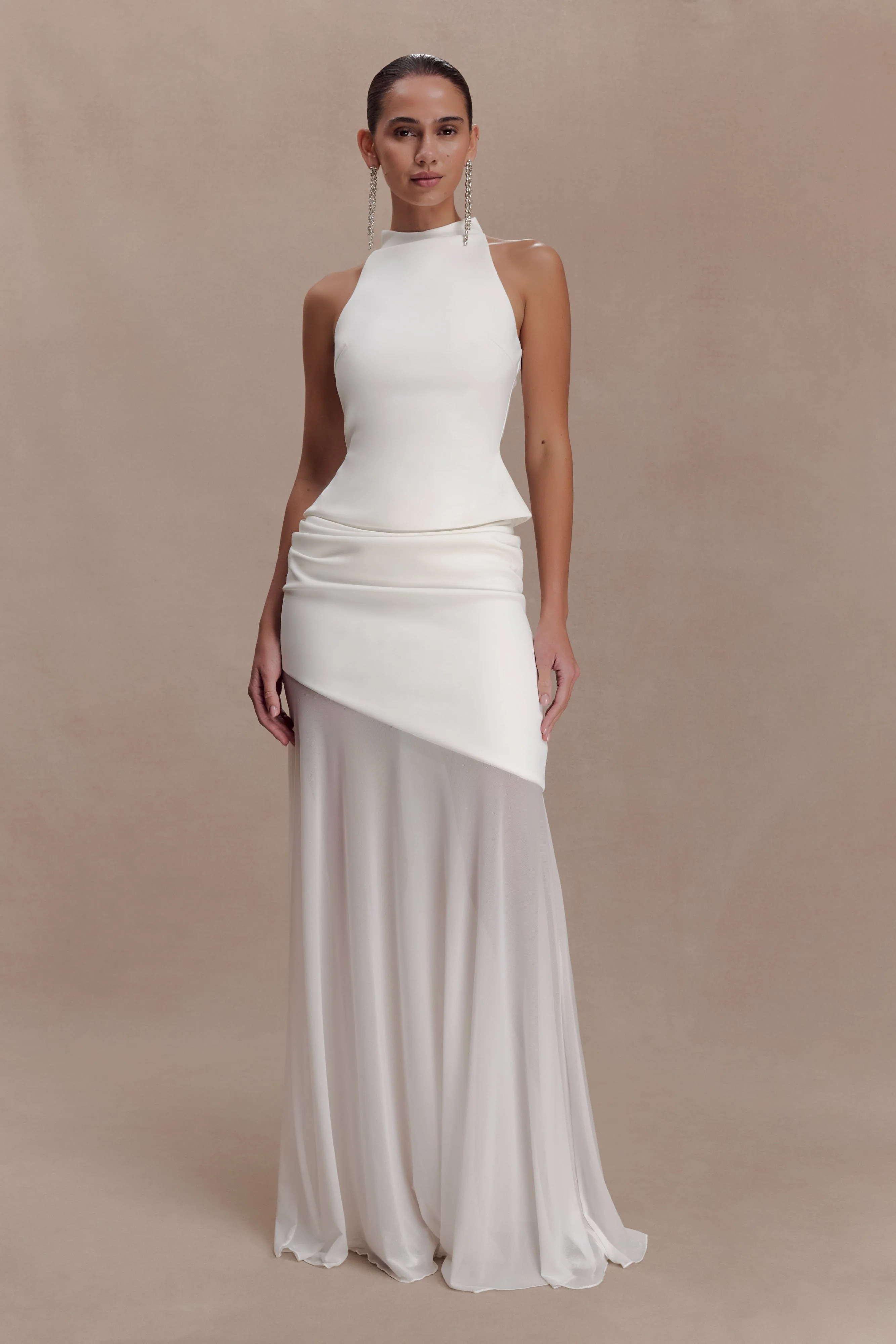 Scuba And Mesh Maxi Skirt - White | MESHKI US