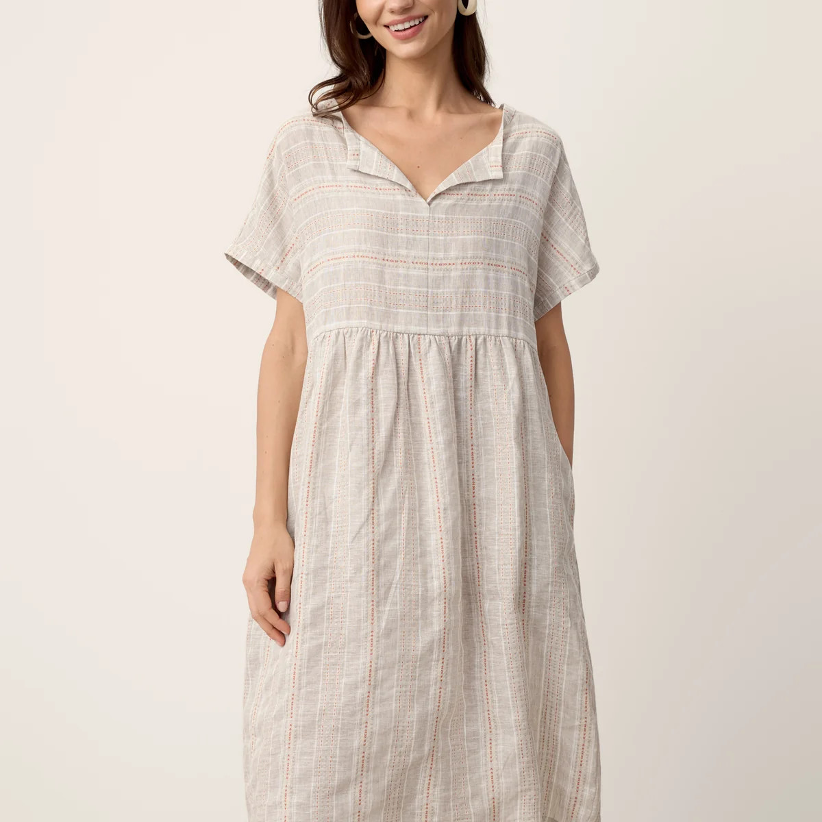 Linen Gathered-Hem Split-Neck Midi Dress SYDNEY | LINTICO