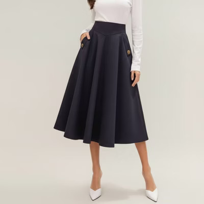 Anna-Kaci Women's Midi A-Line Skirt with Structured High Waist, Soft Flowing Panels, and Button-Tab Pocket Accents for Shape - Small, Navy | Target