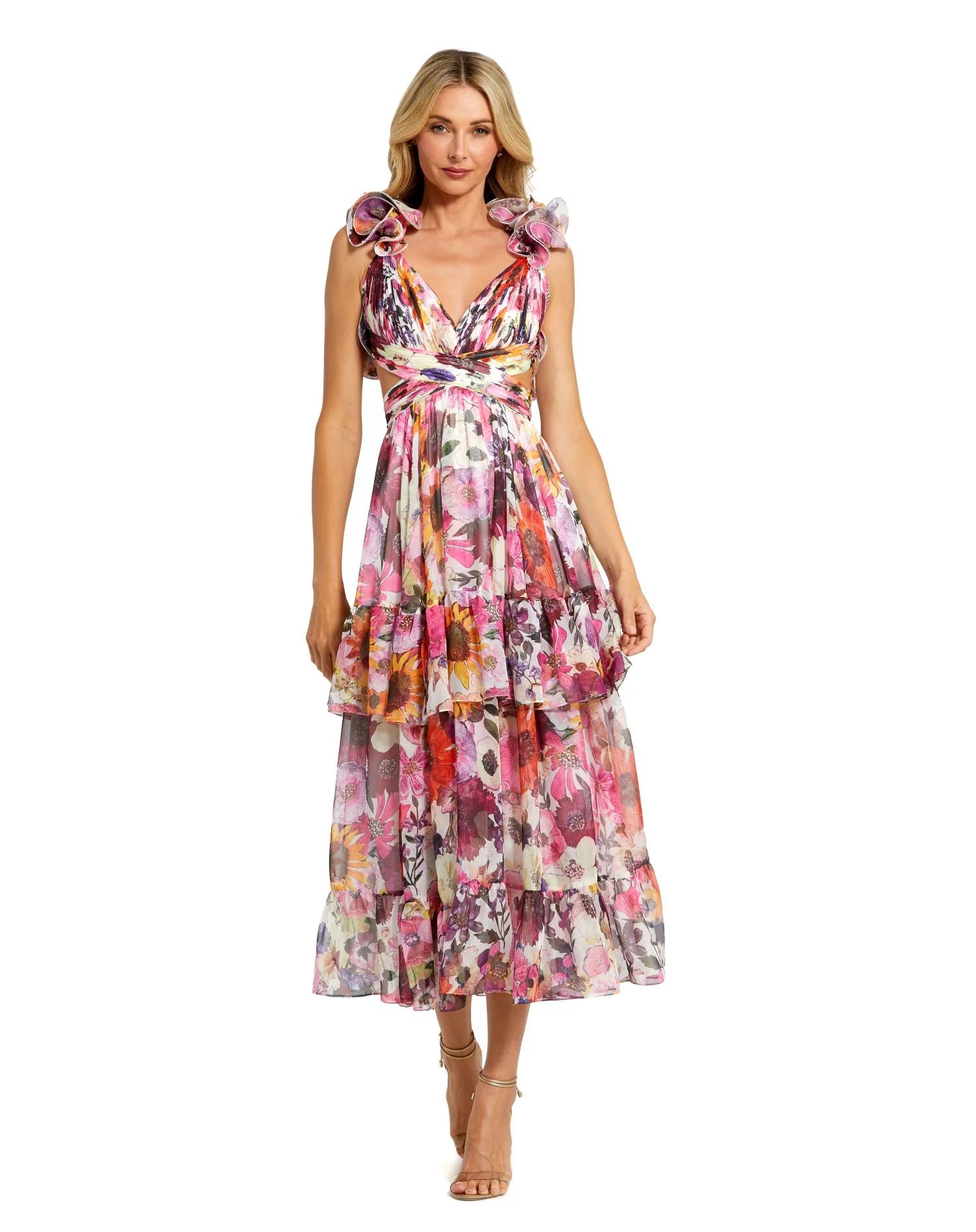 Ruffle Tiered Cut-Out Floral Chiffon Dress | Mac Duggal