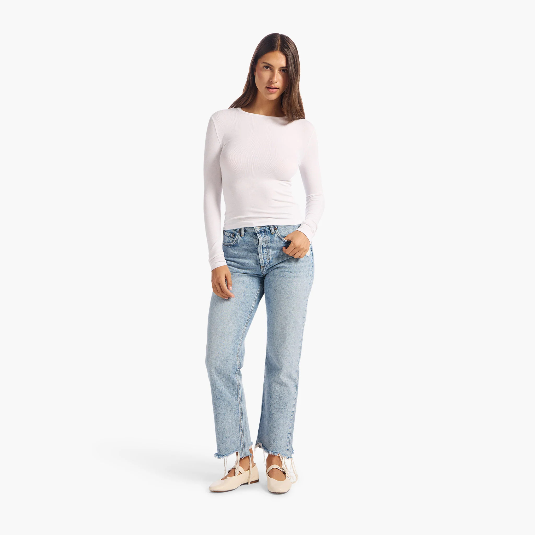 Slinky Rib Long Sleeve Shirt | White | Nuuds US