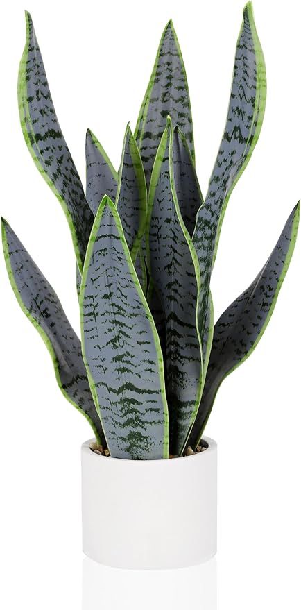 21.5" Artificial Snake Plant Faux Sansevieria Plants Tropical Fake Plants in White Pot Greenery P... | Amazon (US)