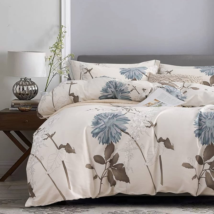 SLEEPBELLA Comforter King Size, 600 Thread Count Cotton Brown Branches and Blue Flowers Off-White... | Amazon (US)