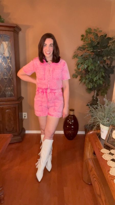 Country Concert Outfit - Pink denim romper (size small). White fringe boots (size 8.5). #countryconcert #countryconcertoutfit #boots #whiteboots #whitefringeboots #summeroutfit #romper #pinkromper #denimromper 
Summer Outfit 

#LTKStyleTip #LTKFindsUnder100 #LTKSeasonal