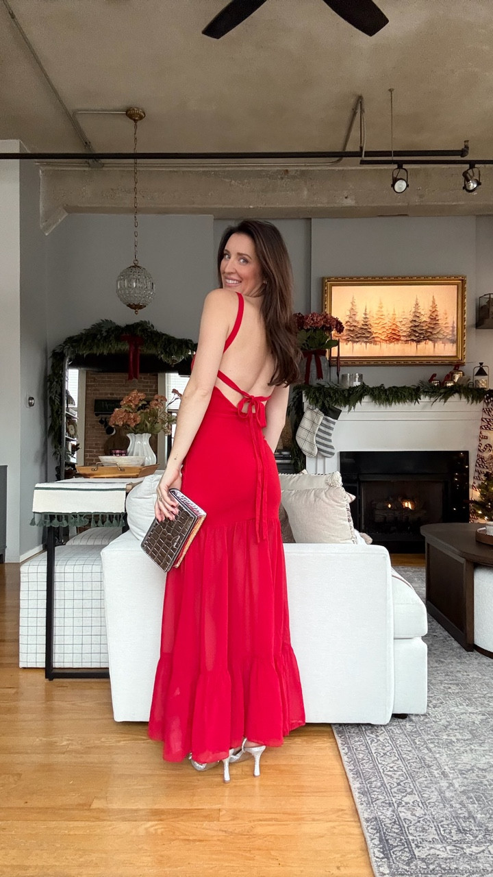 Size up if you have a bump! Love this red maxi dress from Amazon with an open strappy back and little bow heel. Perfect for holiday parties! 

#LTKHoliday #LTKSaleAlert
